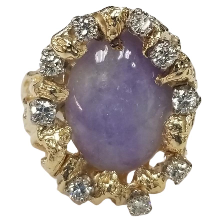14 Karat Yellow Gold Lavender Jade and Diamond Cocktail Ring For Sale
