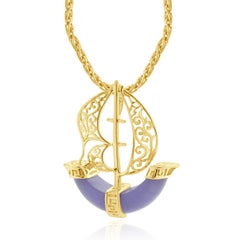 14 Karat Yellow Gold Lavender Jade Viking Ship Necklace