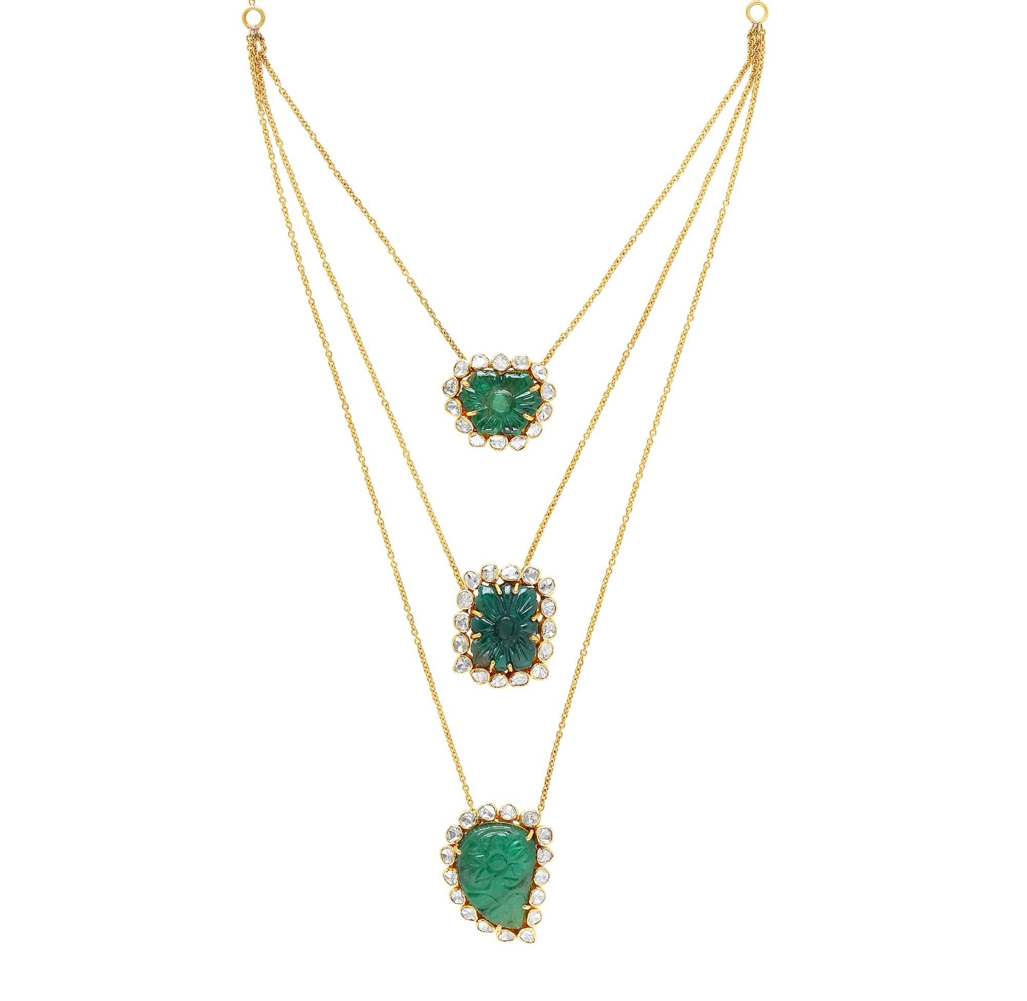 This necklace is festooned with hand-carved natural Emeralds and accentuated with Polki Diamonds (Uncut Diamonds) set in 14 Karat Yellow Gold, it’s an outer manifestation of your inner shine.
Size: Adjustable. 16in - 18in (inner most layer).
Behold