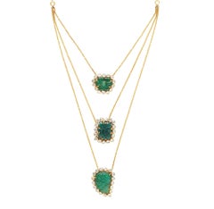 14 Karat Yellow Gold 3 Layer Necklace with Uncut Diamonds and Emeralds
