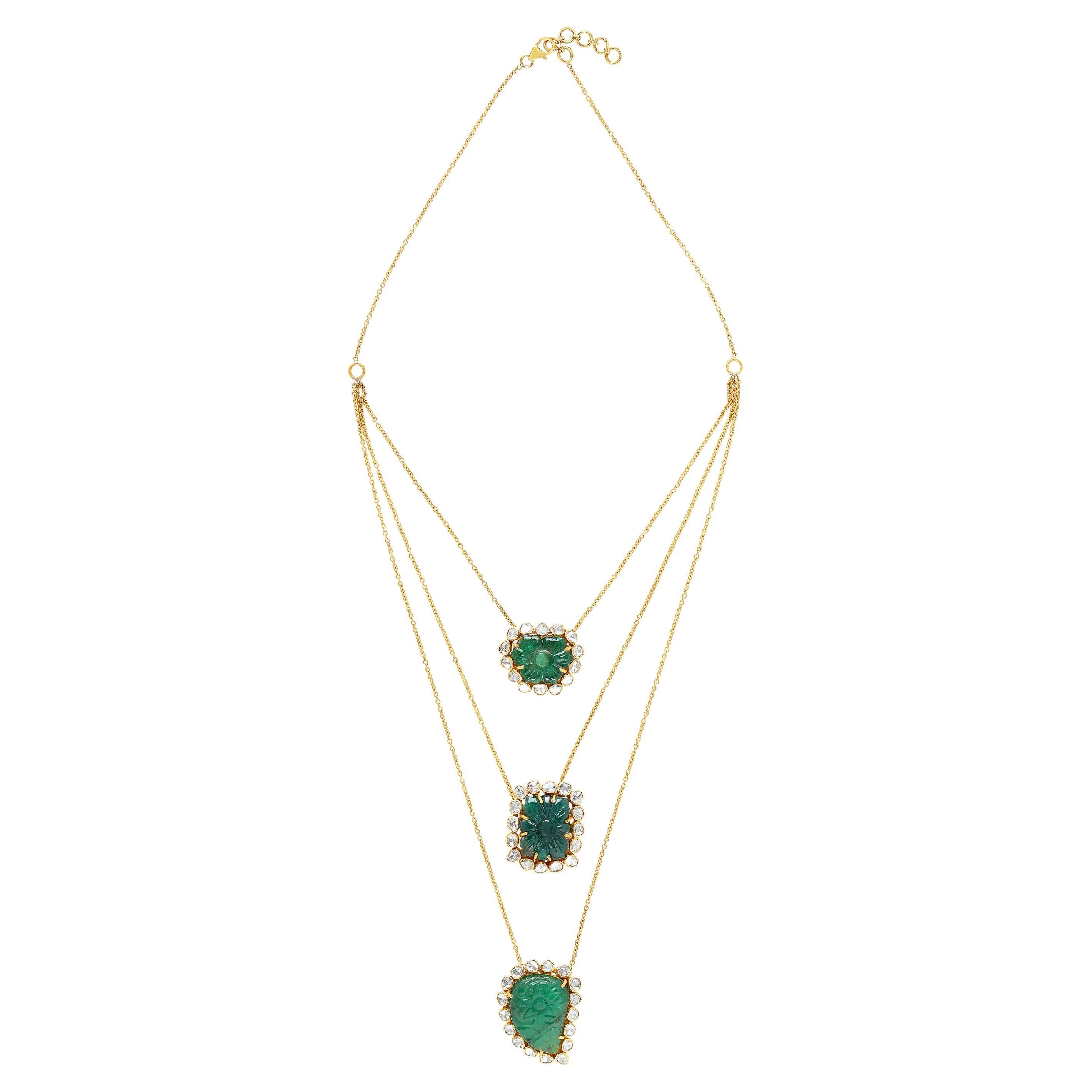 14 Karat Yellow Gold Layered Necklace with Uncut Diamonds and Emeralds