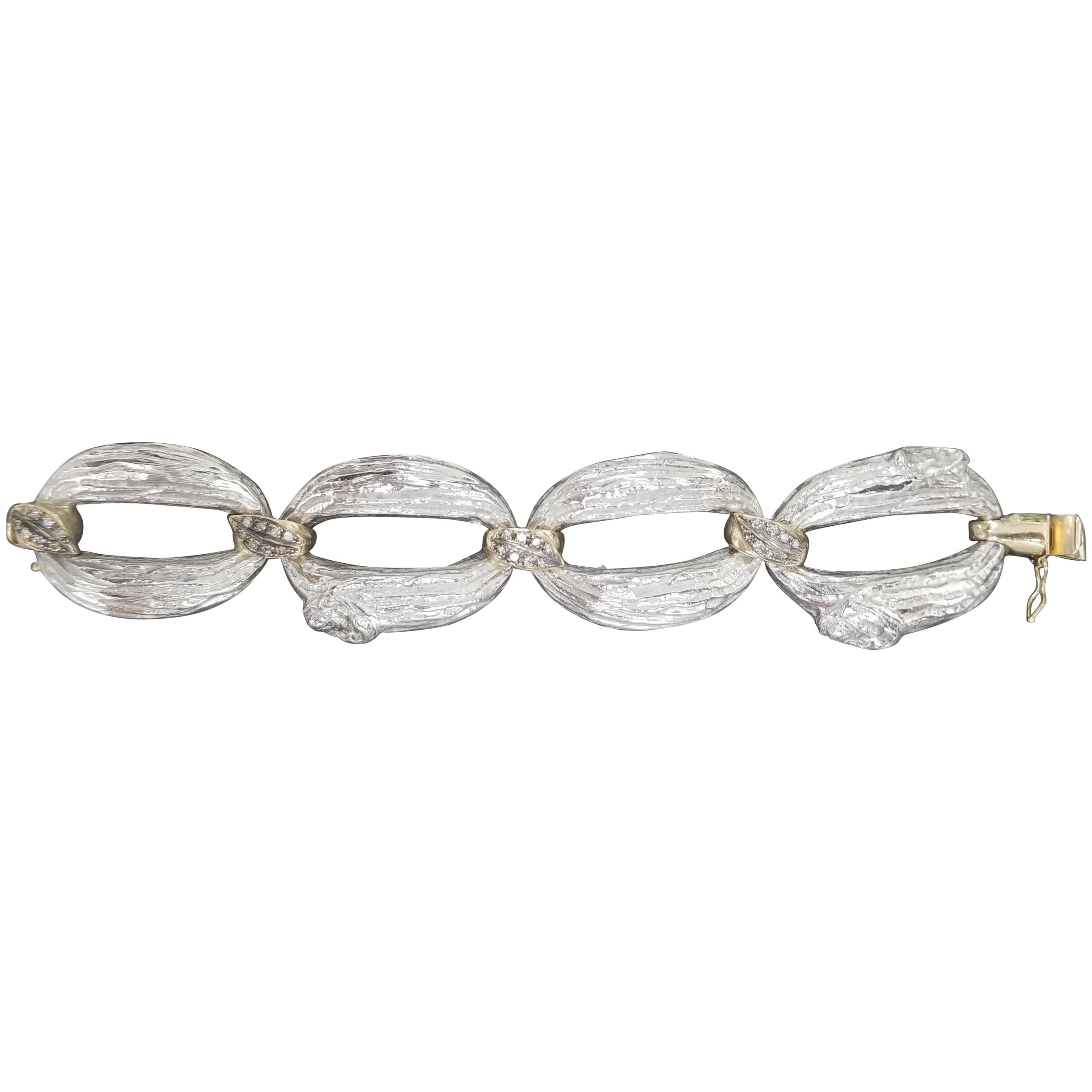 14 Karat Yellow Gold Leaf and Silver Bark Link