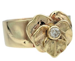 14 Karat Yellow Gold Leaf Motif Wide Band Ring with Solitaire Round Diamond