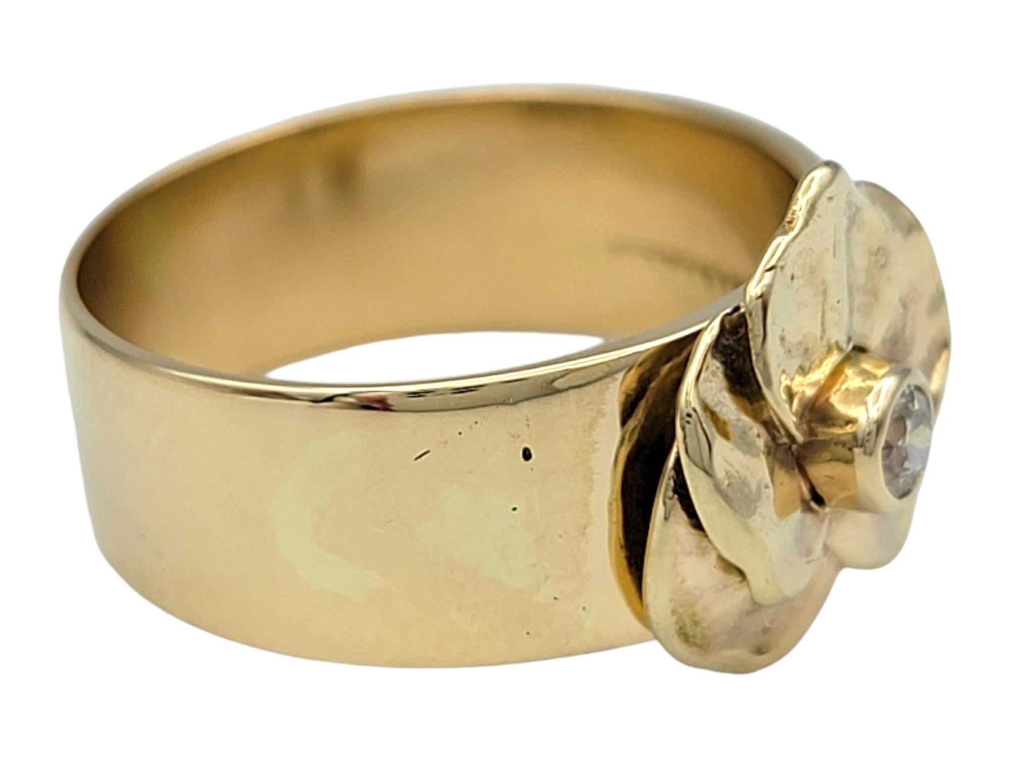 Round Cut 14 Karat Yellow Gold Leaf Motif Wide Band Ring with Solitaire Round Diamond For Sale
