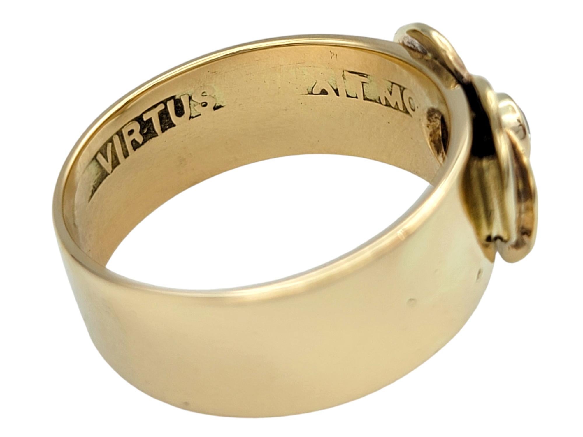 Women's 14 Karat Yellow Gold Leaf Motif Wide Band Ring with Solitaire Round Diamond For Sale