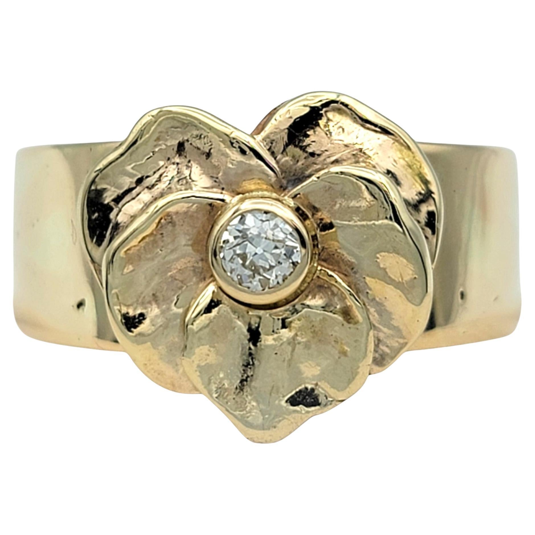 14 Karat Yellow Gold Leaf Motif Wide Band Ring with Solitaire Round Diamond