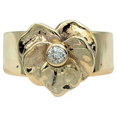 14 Karat Yellow Gold Leaf Motif Wide Band Ring with Solitaire Round Diamond