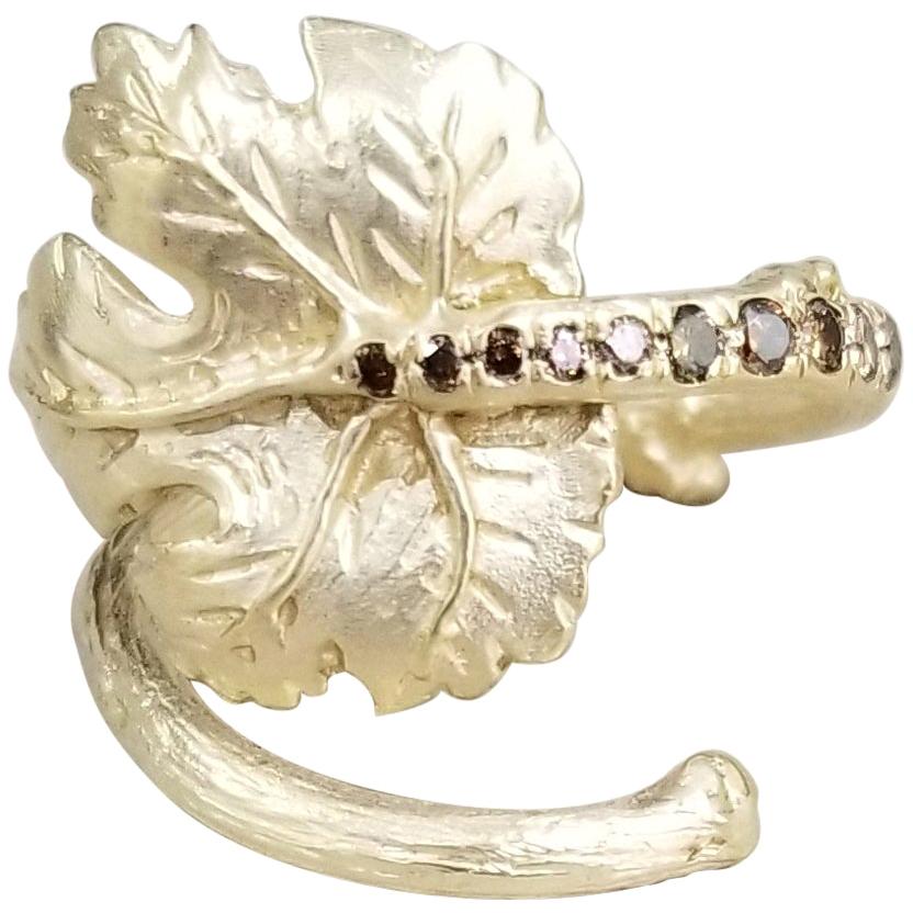 14 Karat Yellow Gold "Leaf" Vine Ring with Diamonds For Sale