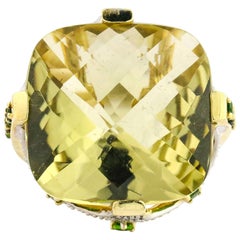 14 Karat Yellow Gold Lemon Citrine Tsavorite Diamond Fashion Statement Ring