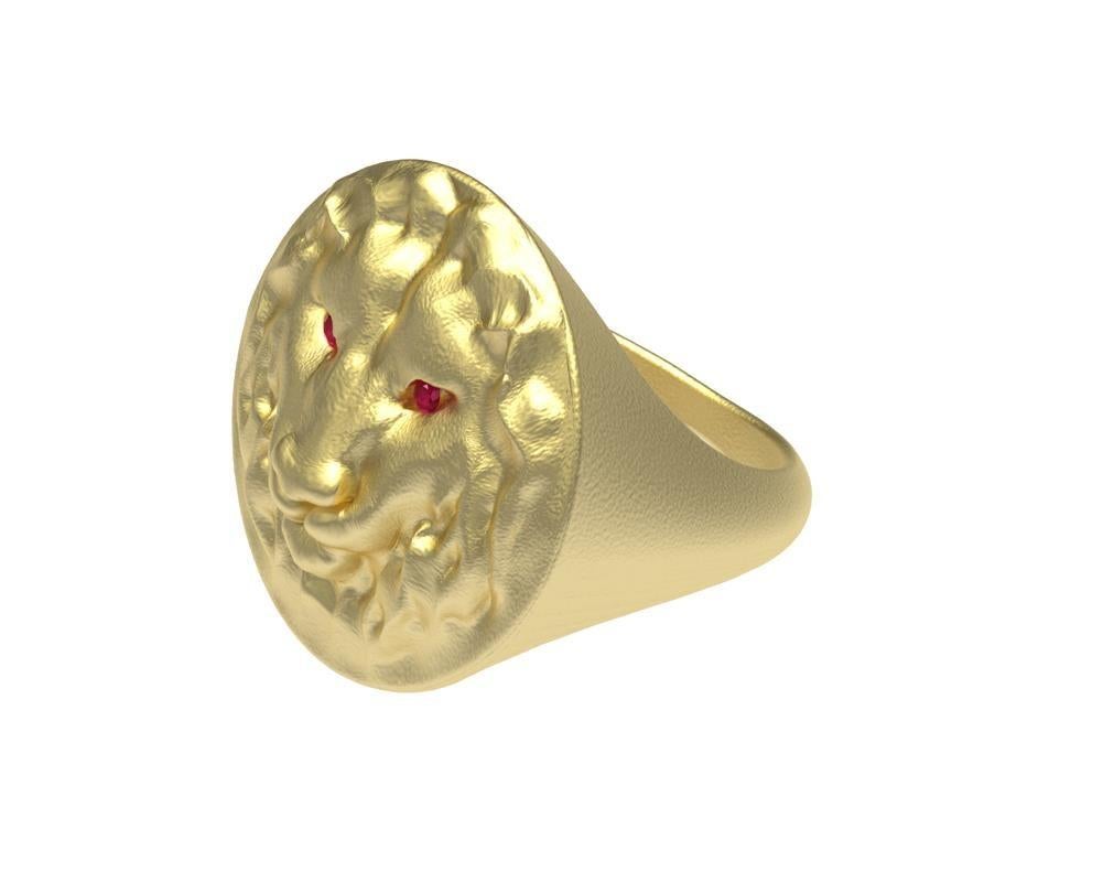 For Sale:  14 Karat Yellow Gold Leo Lion Head Signet Ring with Rubies 2