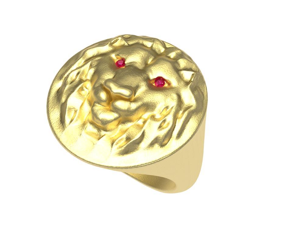 For Sale:  14 Karat Yellow Gold Leo Lion Head Signet Ring with Rubies 6