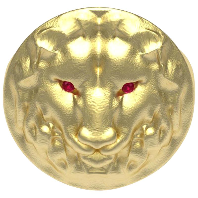 En vente :  Bague sigillaire tête de lion en or jaune 14 carats avec rubis