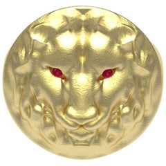 14 Karat Yellow Gold Leo Lion Head Signet Ring with Rubies