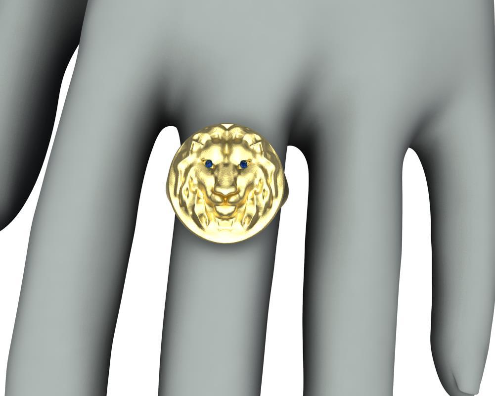 For Sale:  14 Karat Yellow Gold Leo Lion Head Signet Ring with Sapphires 2