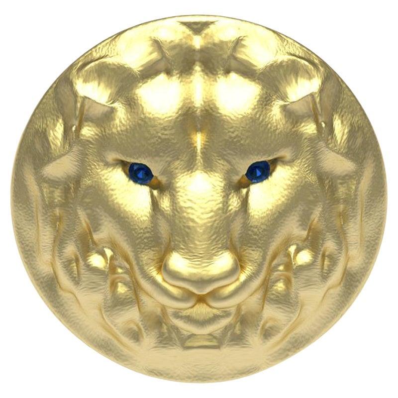 For Sale:  14 Karat Yellow Gold Leo Lion Head Signet Ring with Sapphires
