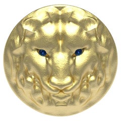 14 Karat Yellow Gold Leo Lion Head Signet Ring with Sapphires