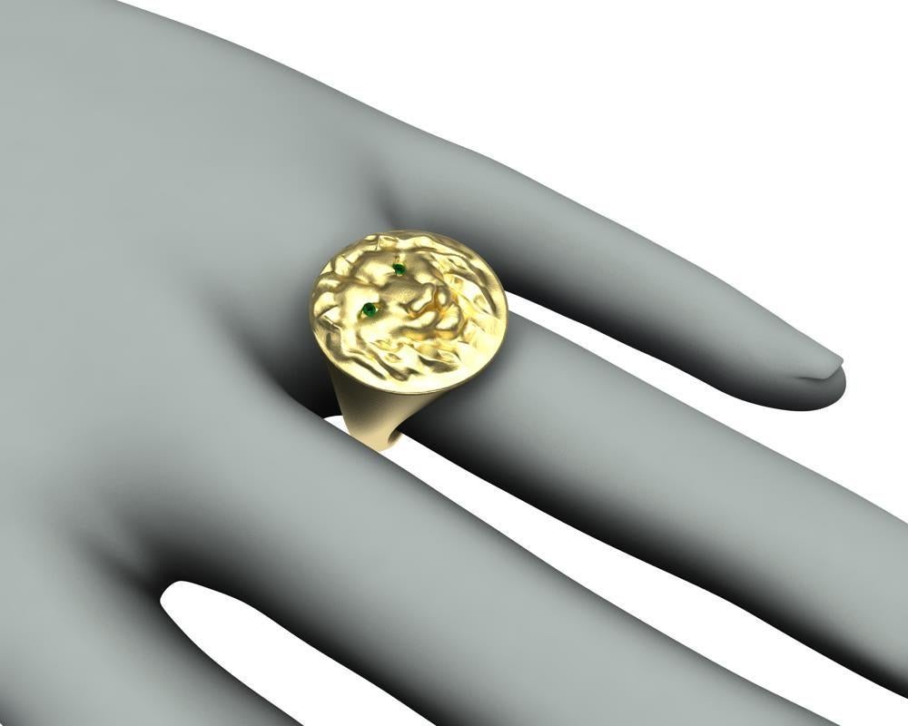 For Sale:  14 Karat Yellow Gold Leo Lion Head Signet Ring with Tsavorites 7