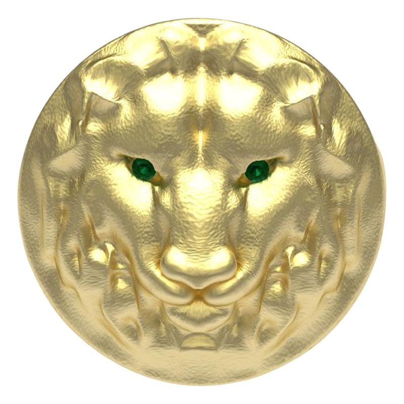 14 Karat Yellow Gold Leo Lion Head Signet Ring with Tsavorites