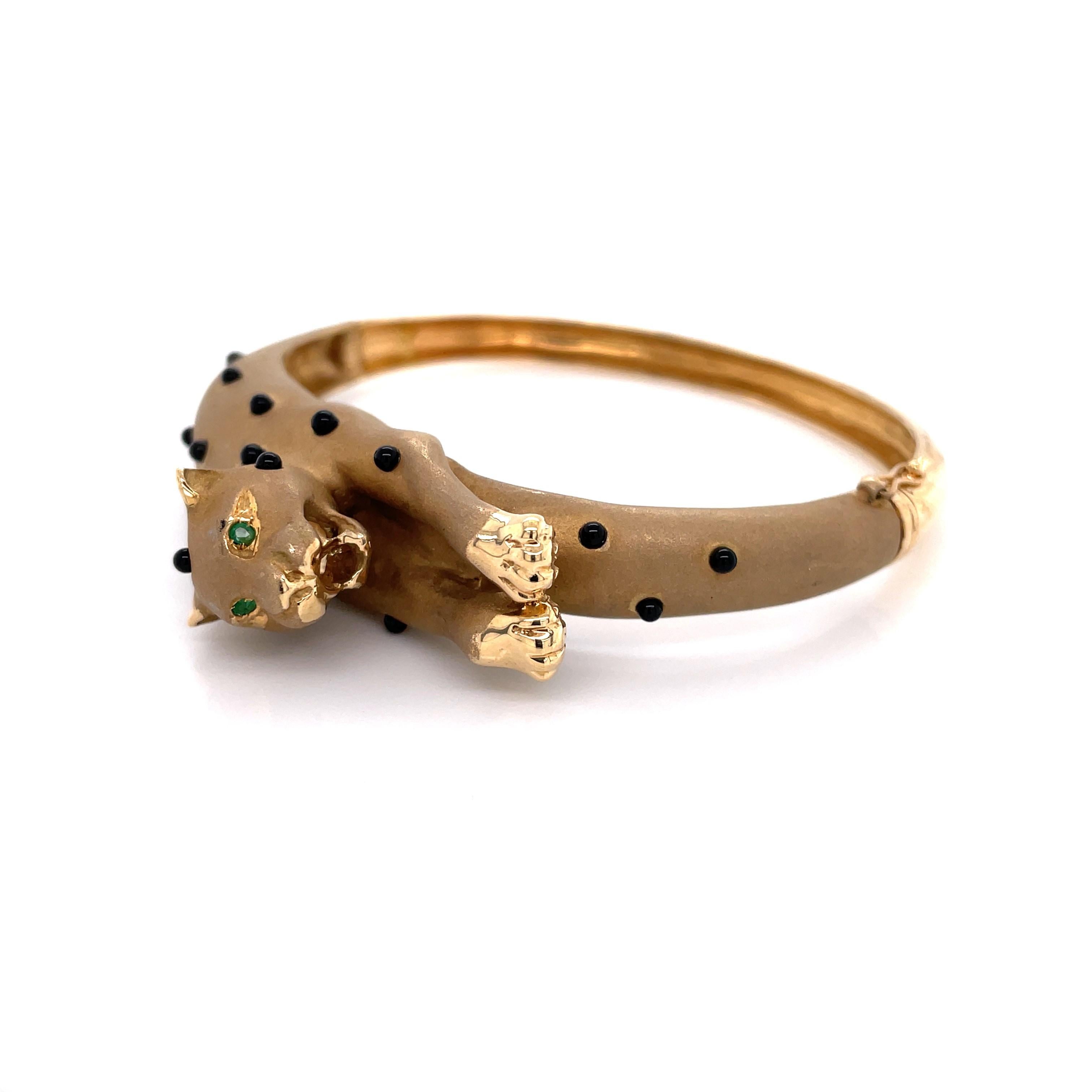 14 Karat Yellow Gold Leopard Bangle Bracelet w Onyx Spots and Emerald Eyes 1
