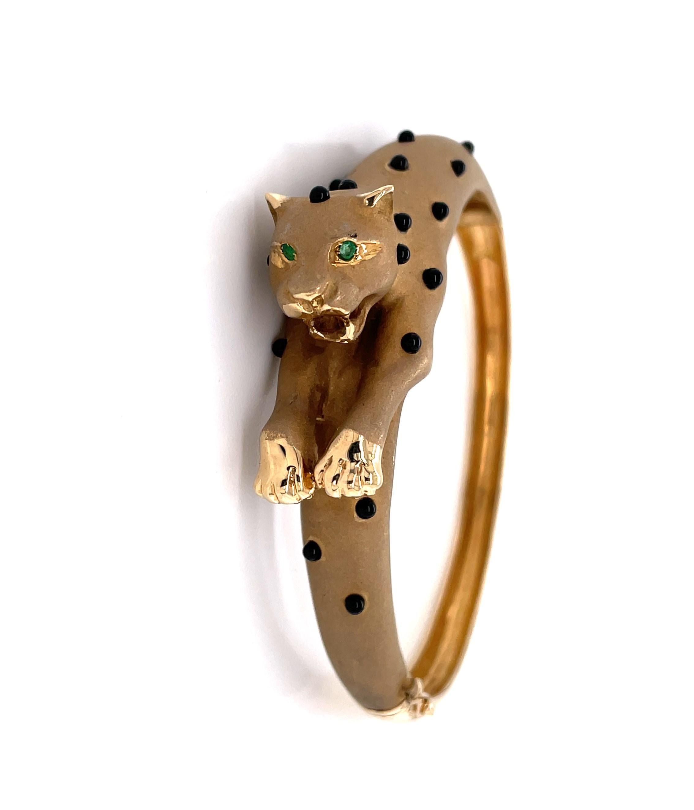 14 Karat Yellow Gold Leopard Bangle Bracelet w Onyx Spots and Emerald Eyes 2
