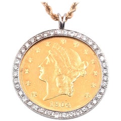 14 Karat Yellow Gold Liberty Coin Diamond Bezel Set Necklace