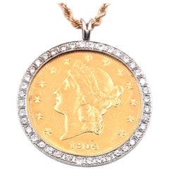 14 Karat Yellow Gold Liberty Coin Diamond Bezel Set Necklace