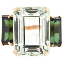 14 Karat Yellow Gold Lime Beryl and Green Tourmaline Ring