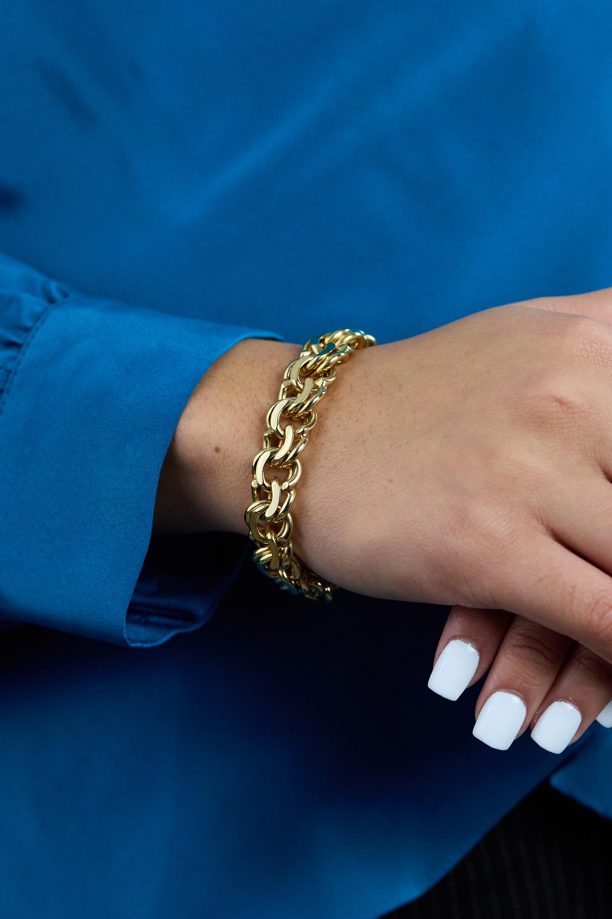 Bracelet unisexe à double maillons en or jaune 14 carats 69,15 grammes Unisexe en vente