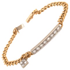 14 Karat Yellow Gold Link Chain with Diamond Bar Bracelet with Diamond Charm