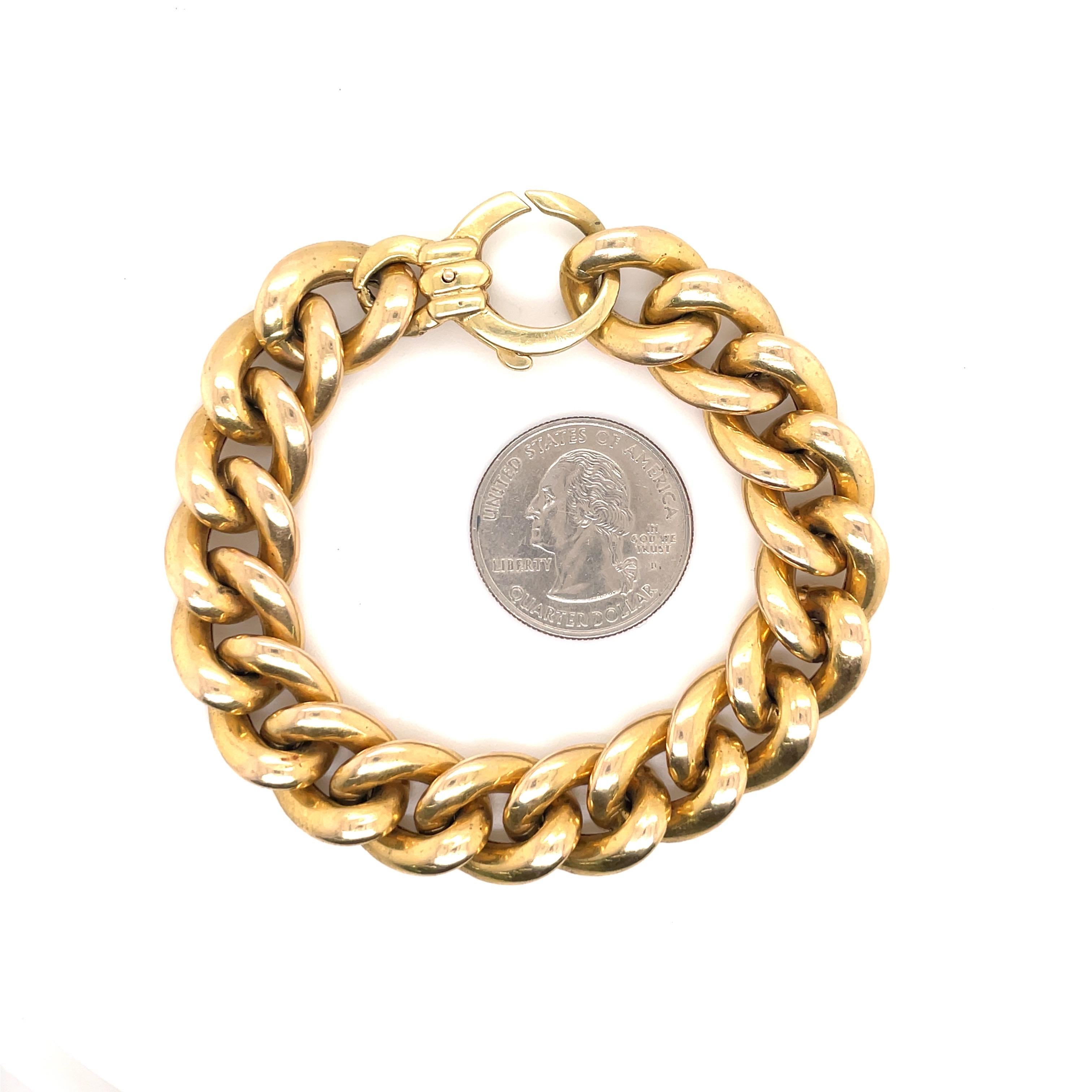 14 Karat yellow gold bracelet featuring 18 high polish links weighing 23.4 grams, 8 inches long.
Matching necklace is also available and can be extended onto the necklace to make long. 
Necklace is 17.5 inches
Price for bracelet only. 