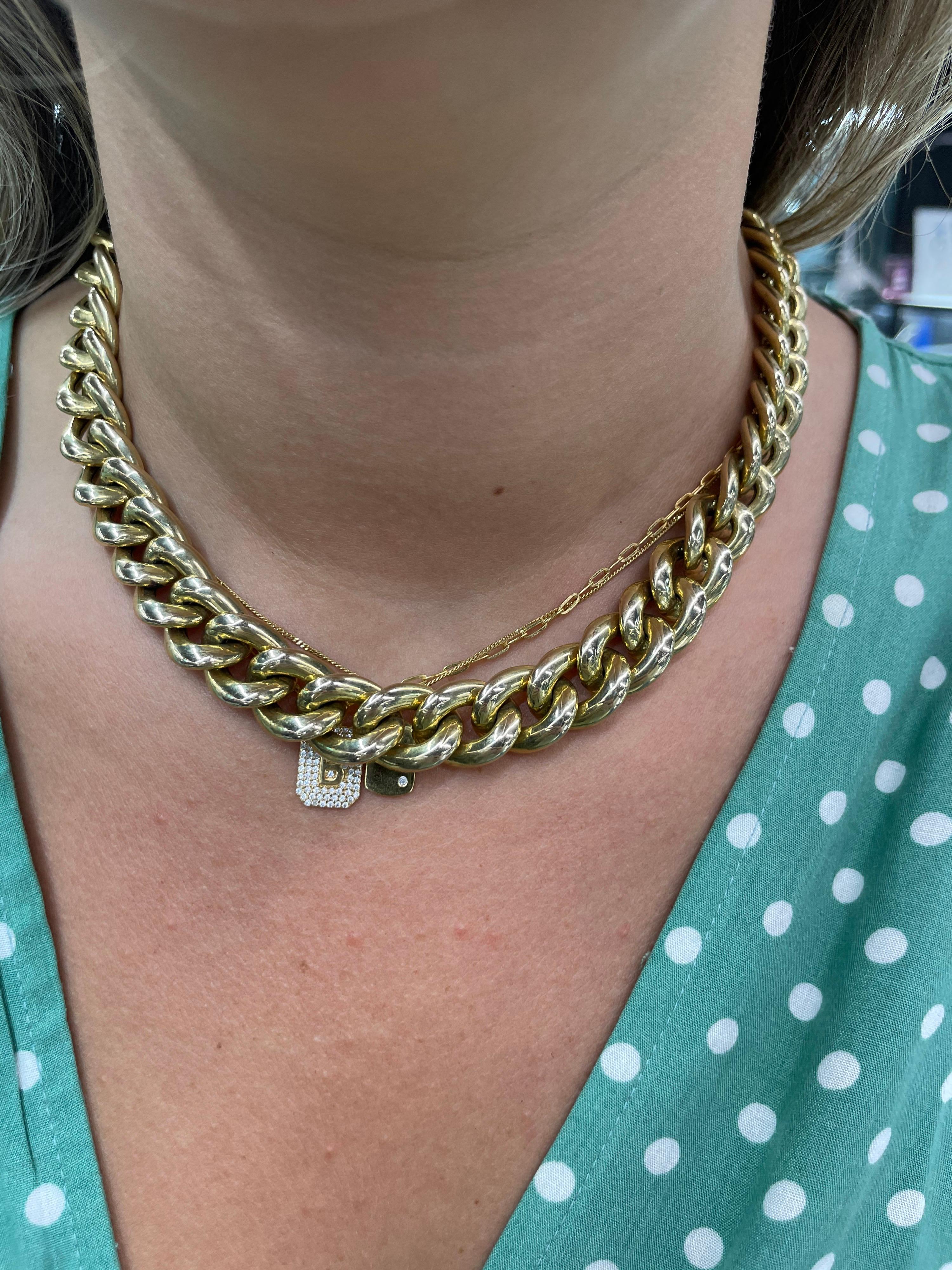 14 Karat yellow gold necklace featuring 44 high polish links weighing 47.6 grams, 17.5 inches long.
Matching bracelet is also available and can be extended onto the necklace to make long. 
Bracelet is 8 inches long.
Price for necklace only. 