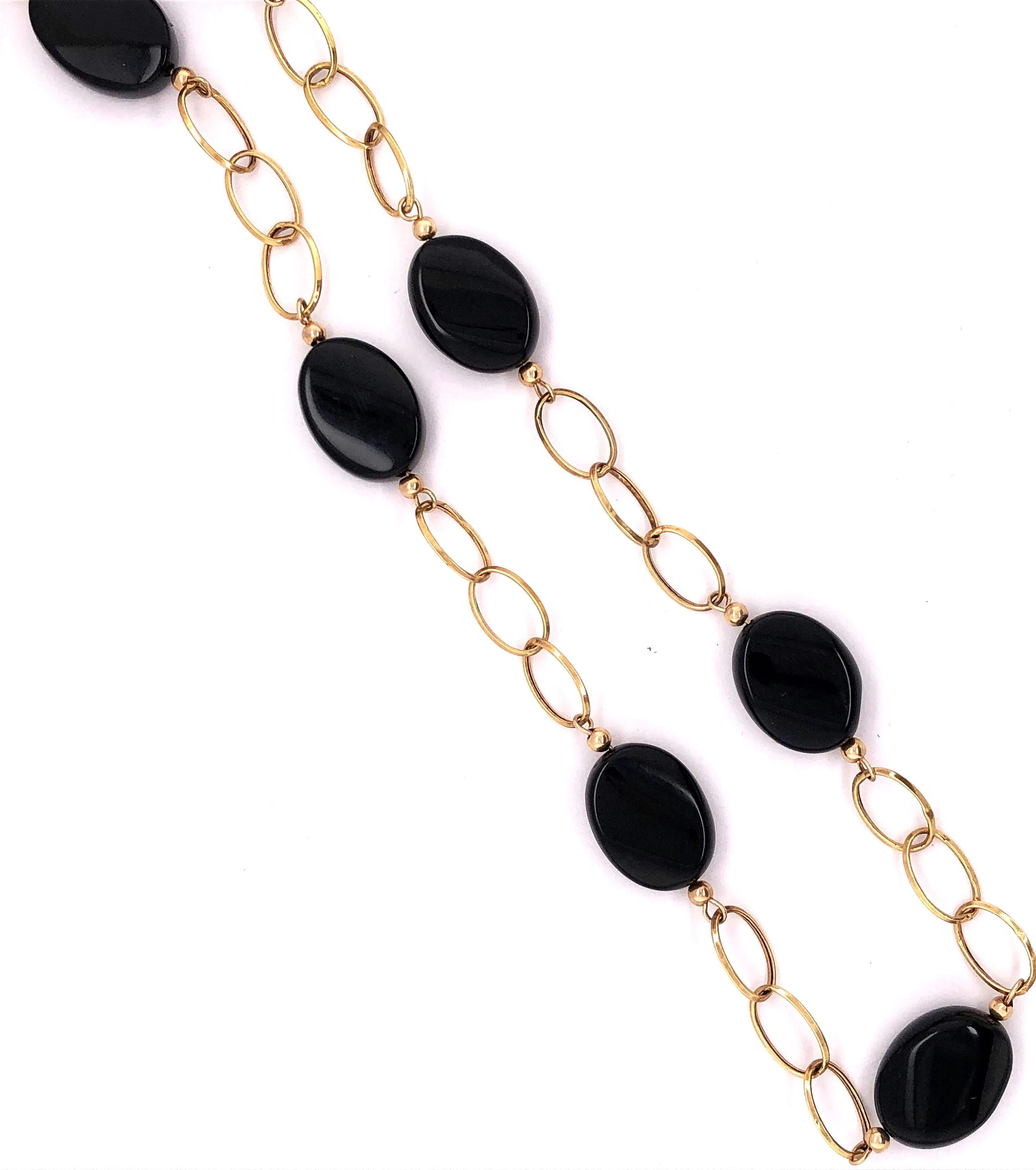 14Kt Yellow Gold Link Necklace with Ebony Stones 20 inch 21.2 Grams Total 