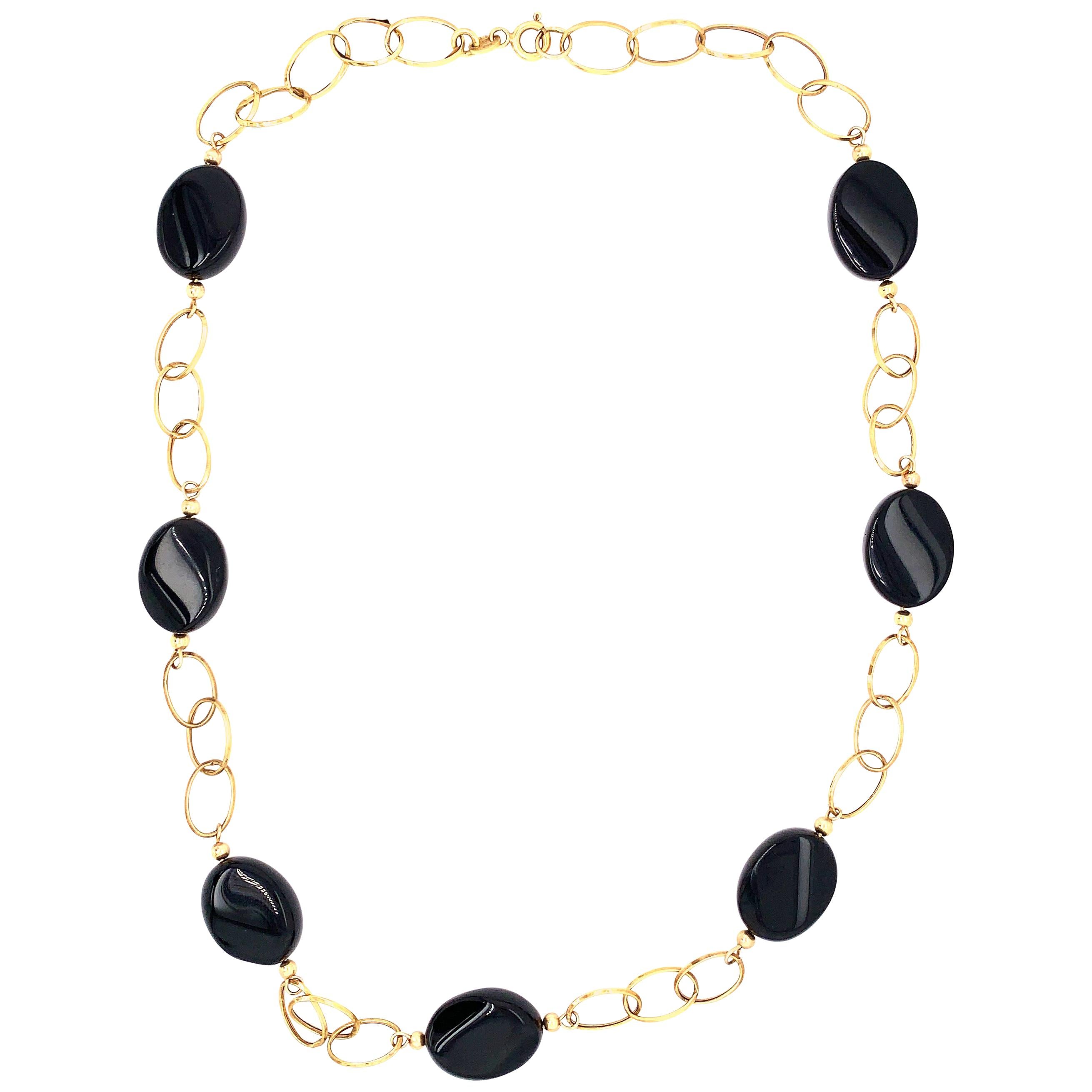 14 Karat Yellow Gold Link Necklace with Ebony Stones 21.2 Grams Total For Sale
