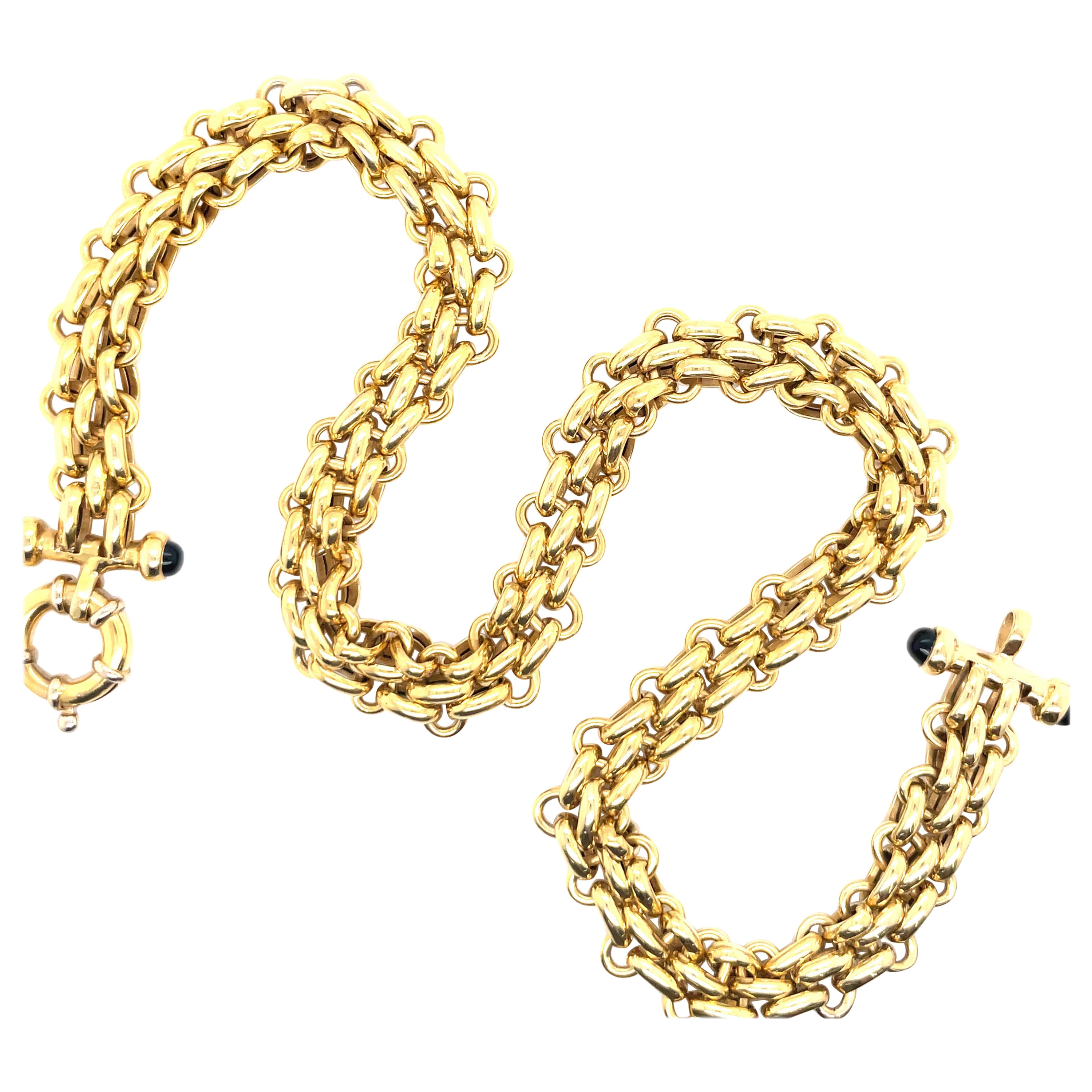 14 Karat Gelbgold Gliederkette mit einem Gewicht von 44,8 Gramm mit 4 Cabochon Onyx Medaillon.  