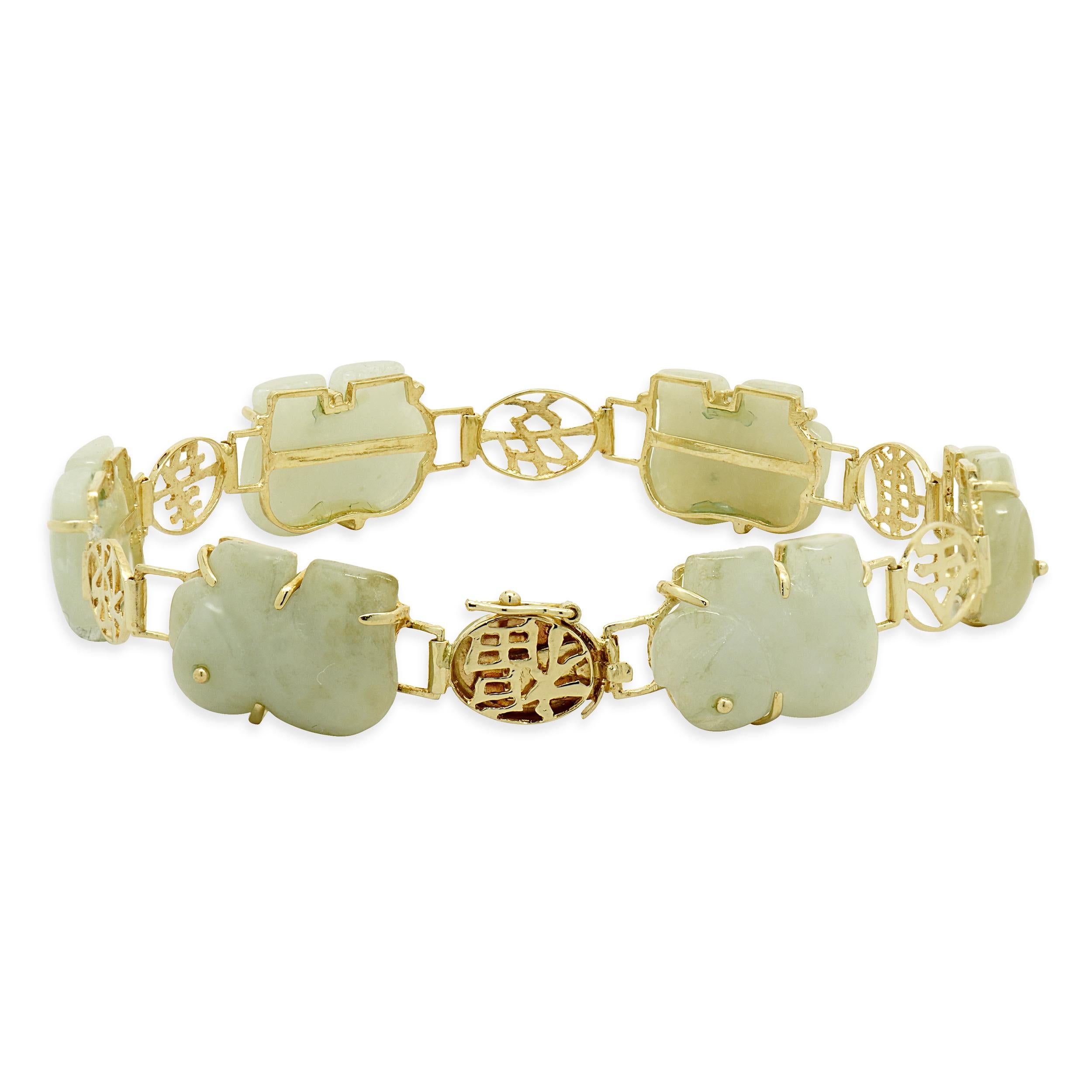 Taille mixte Bracelet asiatique Linké en or jaune 14 carats et jade d'éléphant en vente