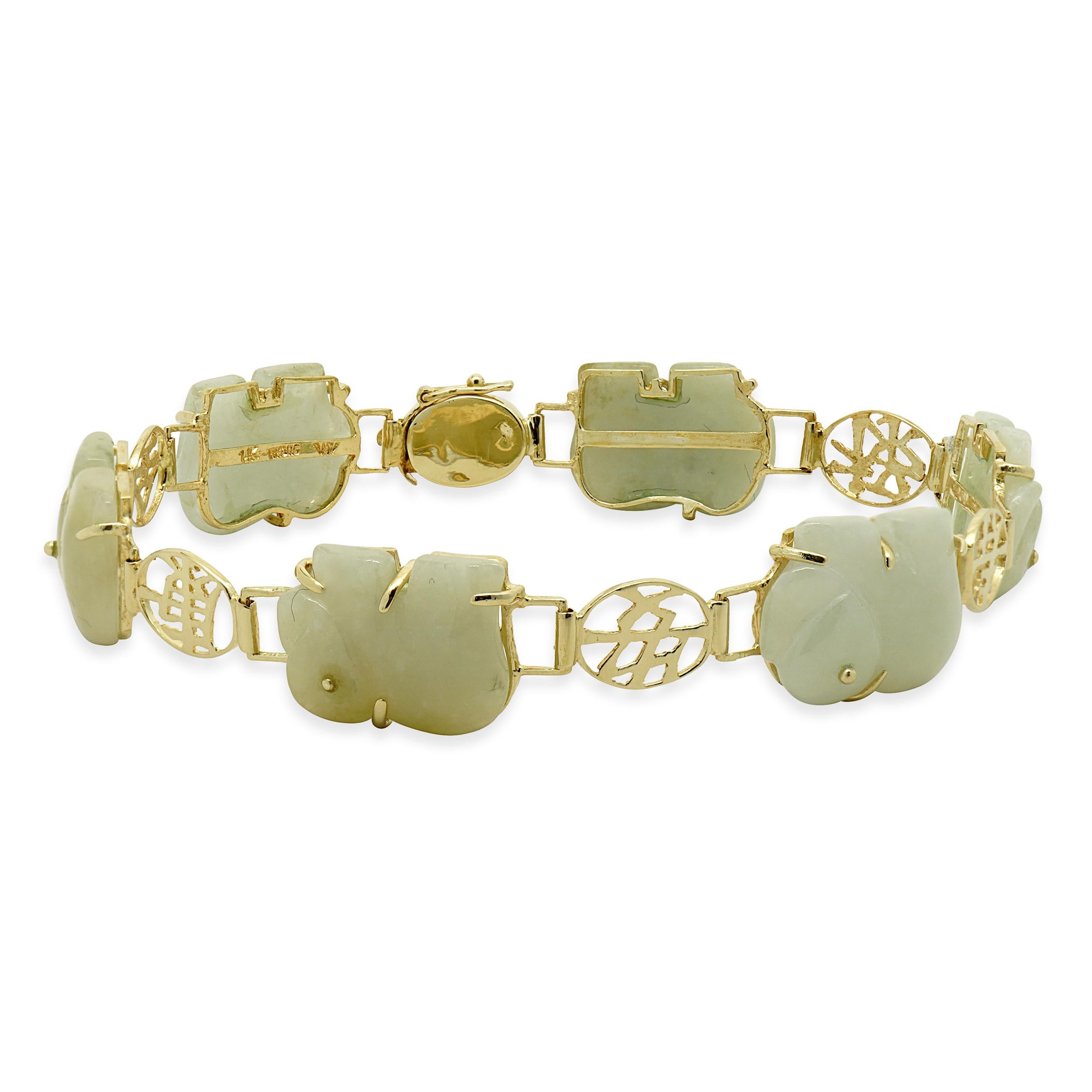 14 Karat Gelbgold Gliederarmband aus asiatischer Elefanten-Jade mit Jade
