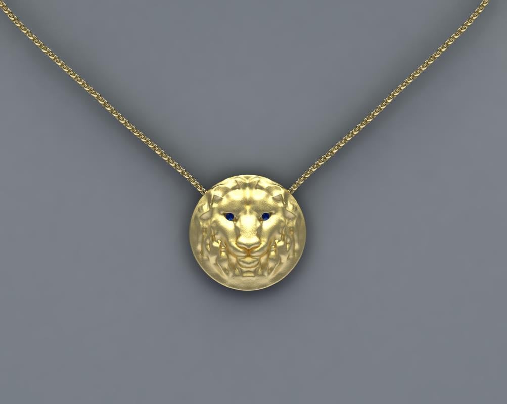 Taille ronde Collier pendentif lion en or jaune 14 carats pour femme avec yeux en saphir en vente
