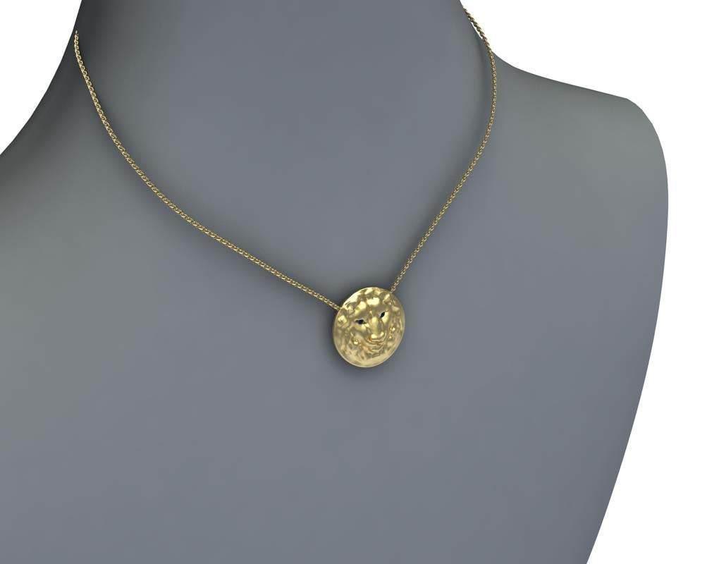 Contemporary 14 Karat Yellow Gold Lion Pendant Womens Necklace with Sapphire Eyes For Sale