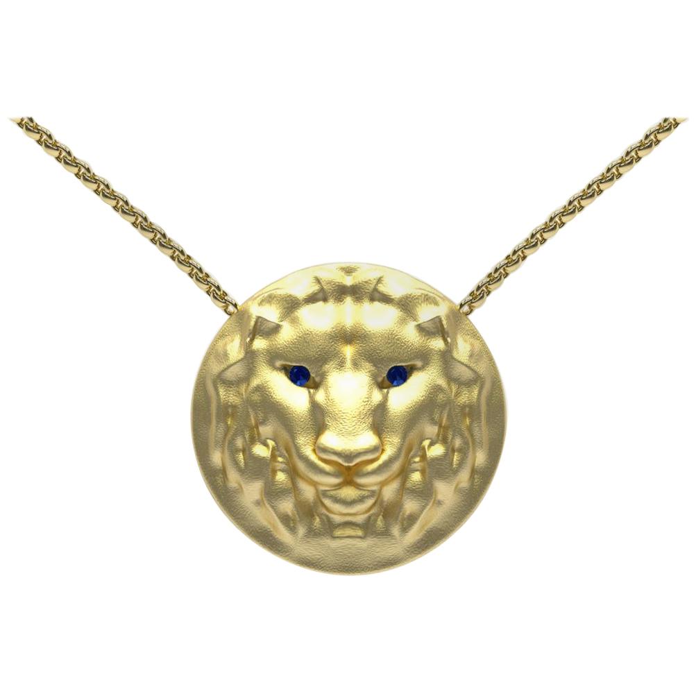 14 Karat Yellow Gold Lion Pendant Womens Necklace with Sapphire Eyes For Sale