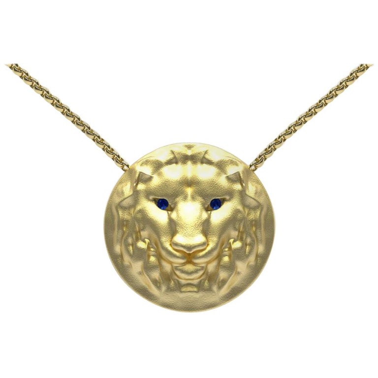 14 Karat Yellow Gold Lion Pendant Womens Necklace with Sapphire Eyes