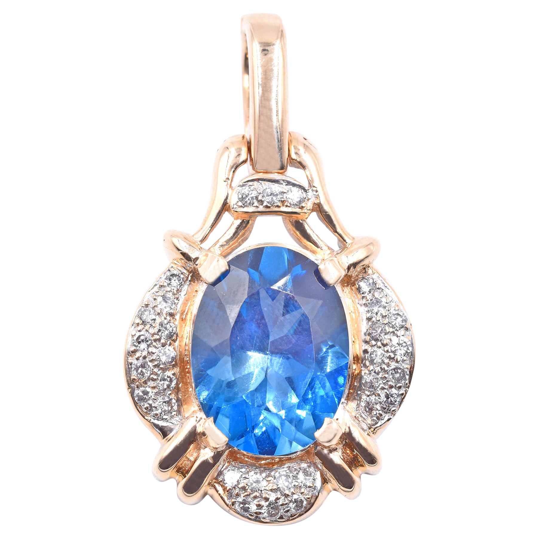 14 Karat Yellow Gold London Blue Topaz and Diamond Pendant