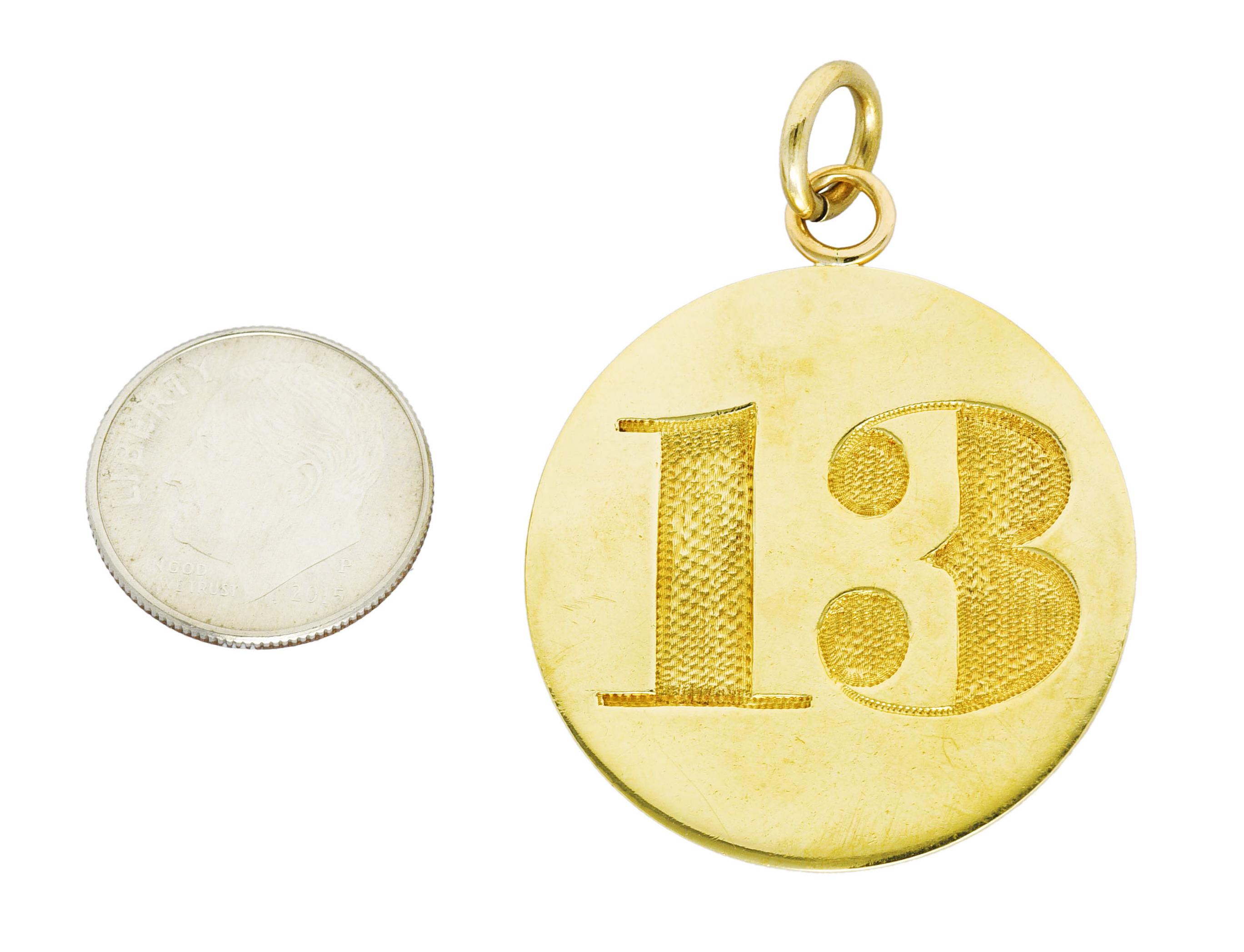 14 Karat Yellow Gold Lucky Thirteen 13 Vintage Medallion Charm Pendant 1