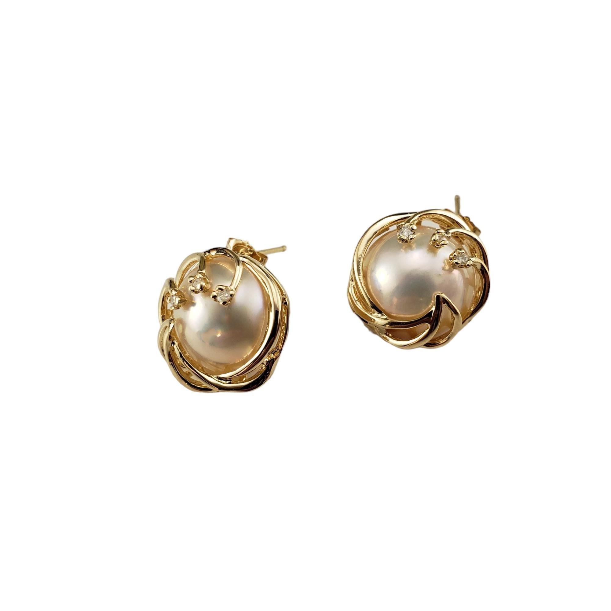 Round Cut 14 Karat Yellow Gold Mabe Pearl and Diamond Earrings #16726 For Sale