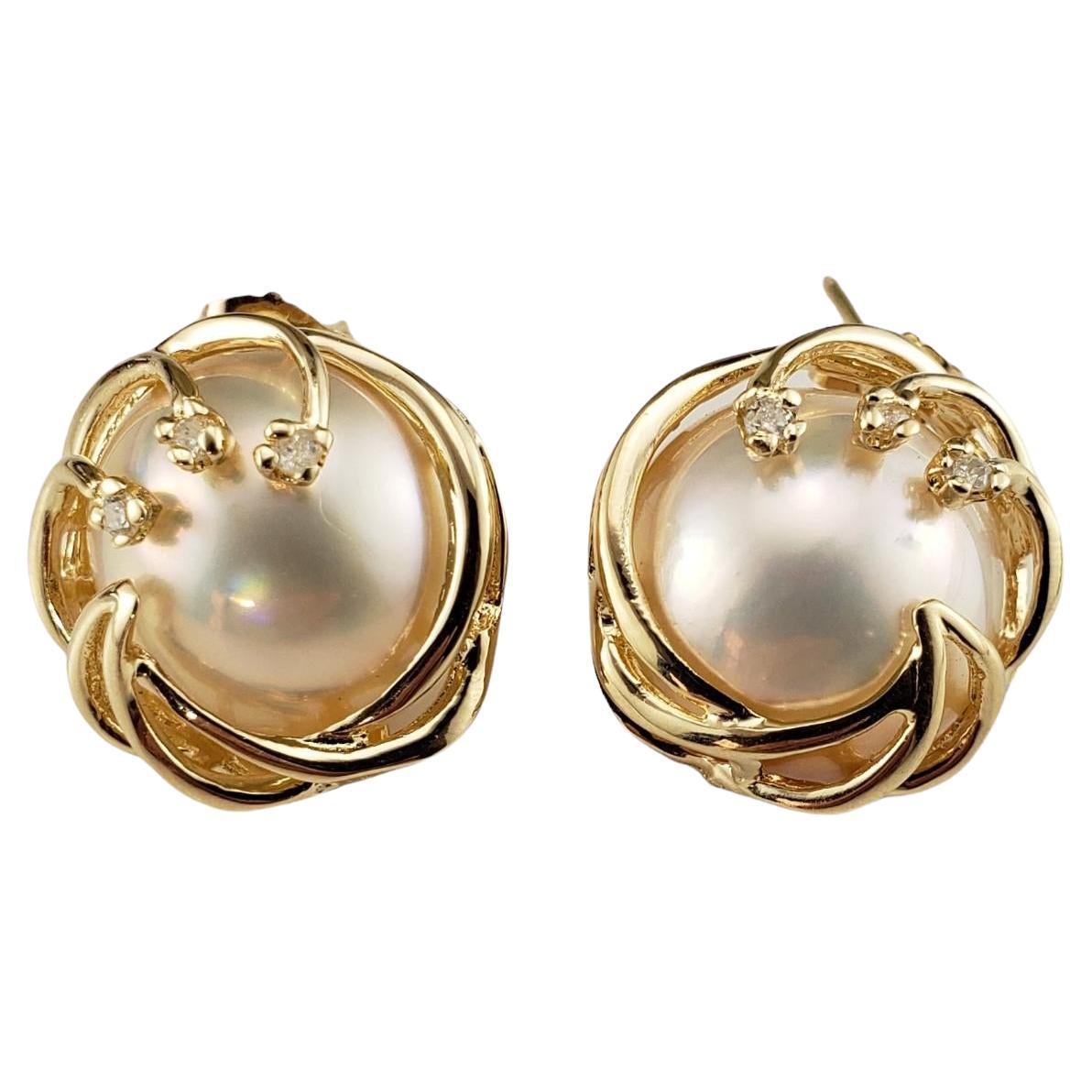 14 Karat Yellow Gold Mabe Pearl and Diamond Earrings #16726 For Sale