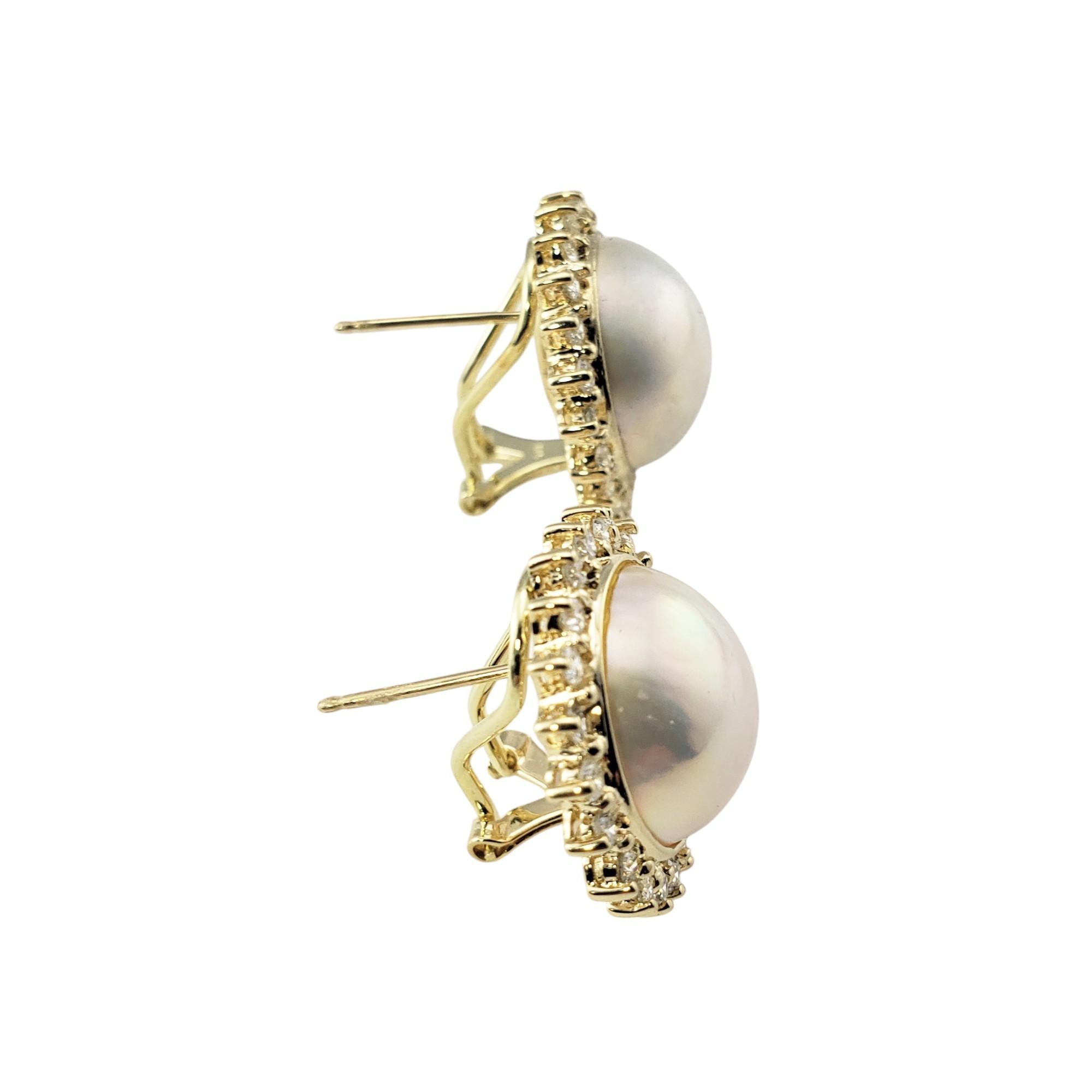 Round Cut 14 Karat Yellow Gold Mabe Pearl and Diamond Earrings #21362 For Sale