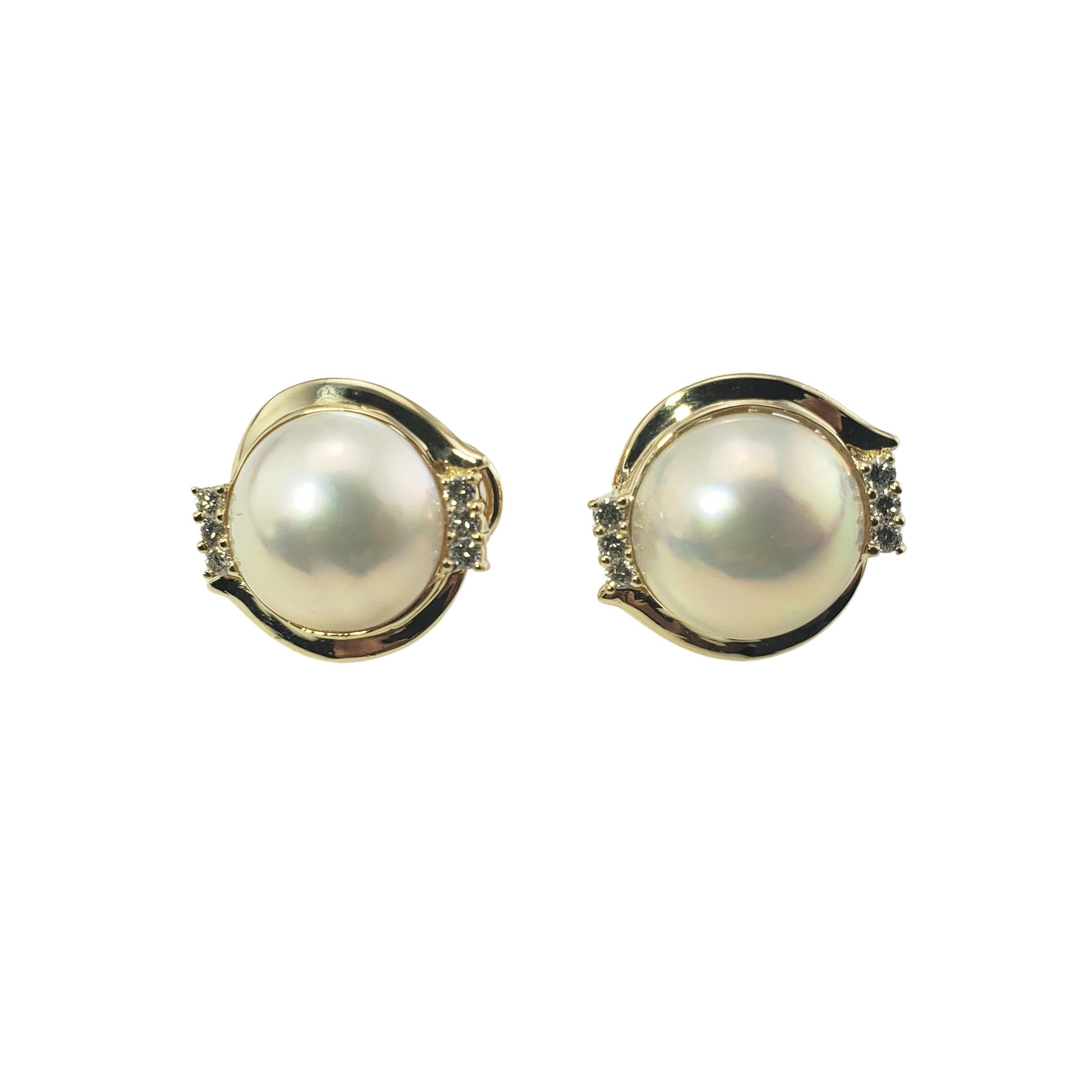 14 Karat Yellow Gold Mabe Pearl and Diamond Earrings For Sale 1