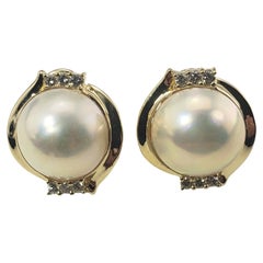 Vintage 14 Karat Yellow Gold Mabe Pearl and Diamond Earrings