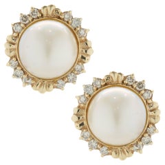 14 Karat Yellow Gold Mabe Pearl and Diamond Earrings