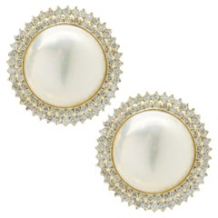 14 Karat Yellow Gold Mabe Pearl and Diamond Earrings