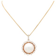 14 Karat Yellow Gold Mabe Pearl and Diamond Pendant Necklace .75 Carat